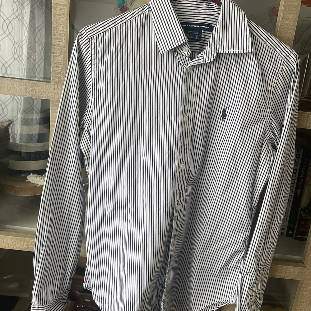 Ralph Lauren Women's Navy and White Striped Button Down Shirt